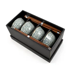 Kiji Stoneware & Ceramics Blue & White Flower Rice Bowl Set With Chopsticks Hot