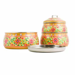 Indian Tiffin Hand Painted Three Tier Yellow Tiffin Tin, 1.5 Litre Clearance