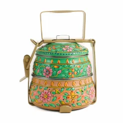 Indian Tiffin Hand Painted Two Tier Pink & Green Tiffin Tin, 750ml Clearance