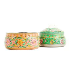 Indian Tiffin Hand Painted Two Tier Pink & Green Tiffin Tin, 750ml Clearance