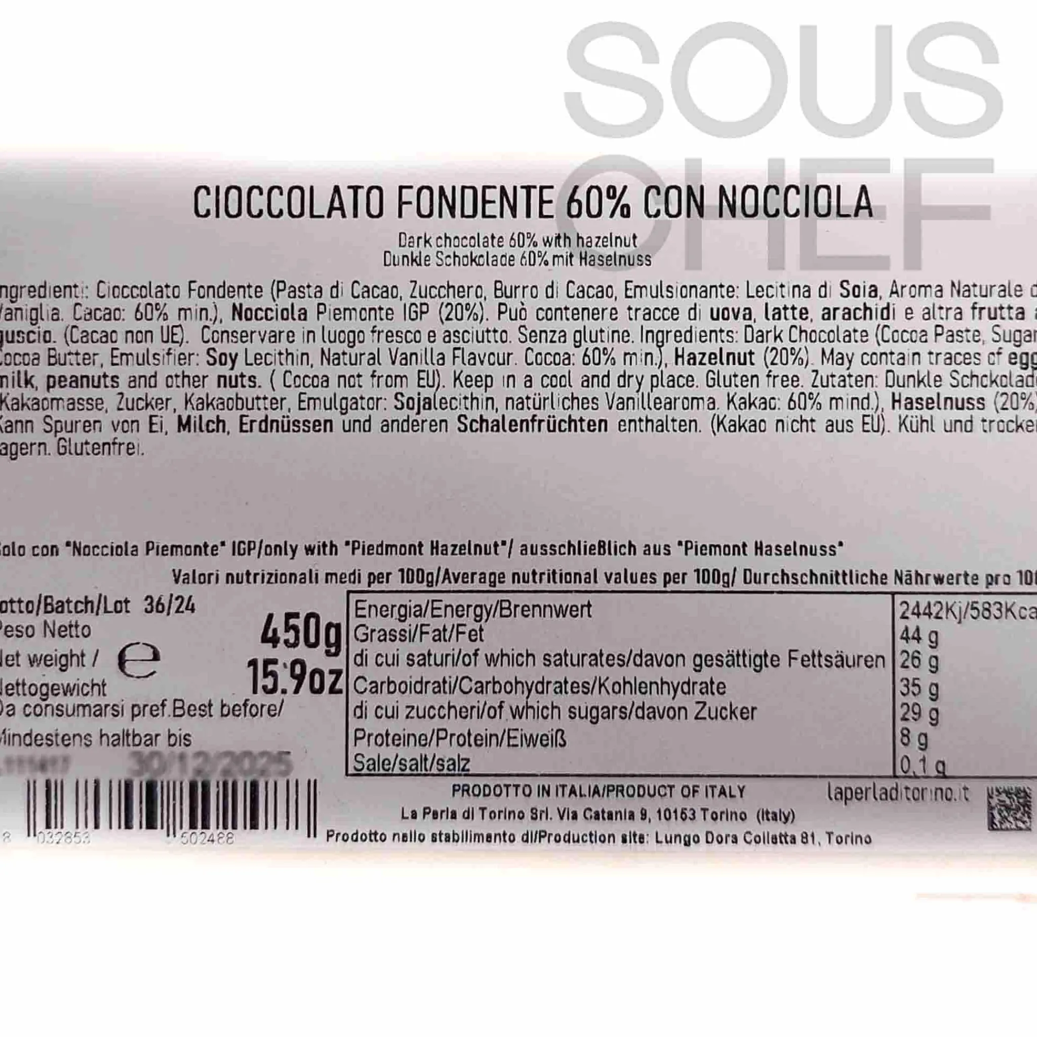 La Perla di Torino 60% Dark Chocolate Slab with Whole Roasted Hazelnuts, 450g Clearance