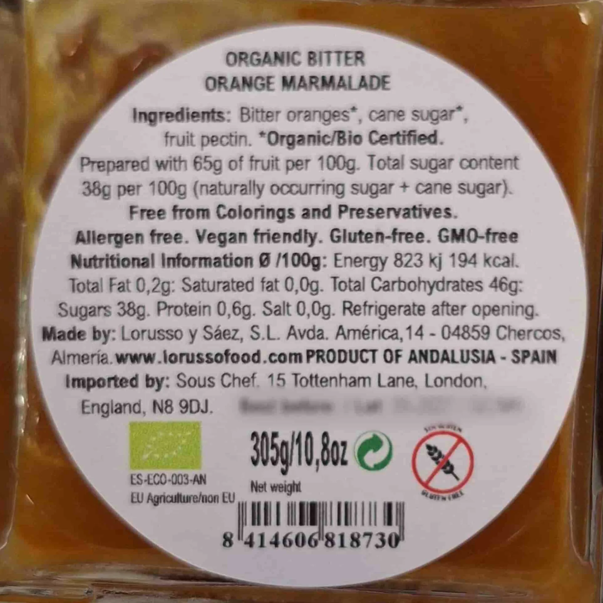 LoRUSSo Organic Artisanal Bitter Orange Jam, 305g Hot