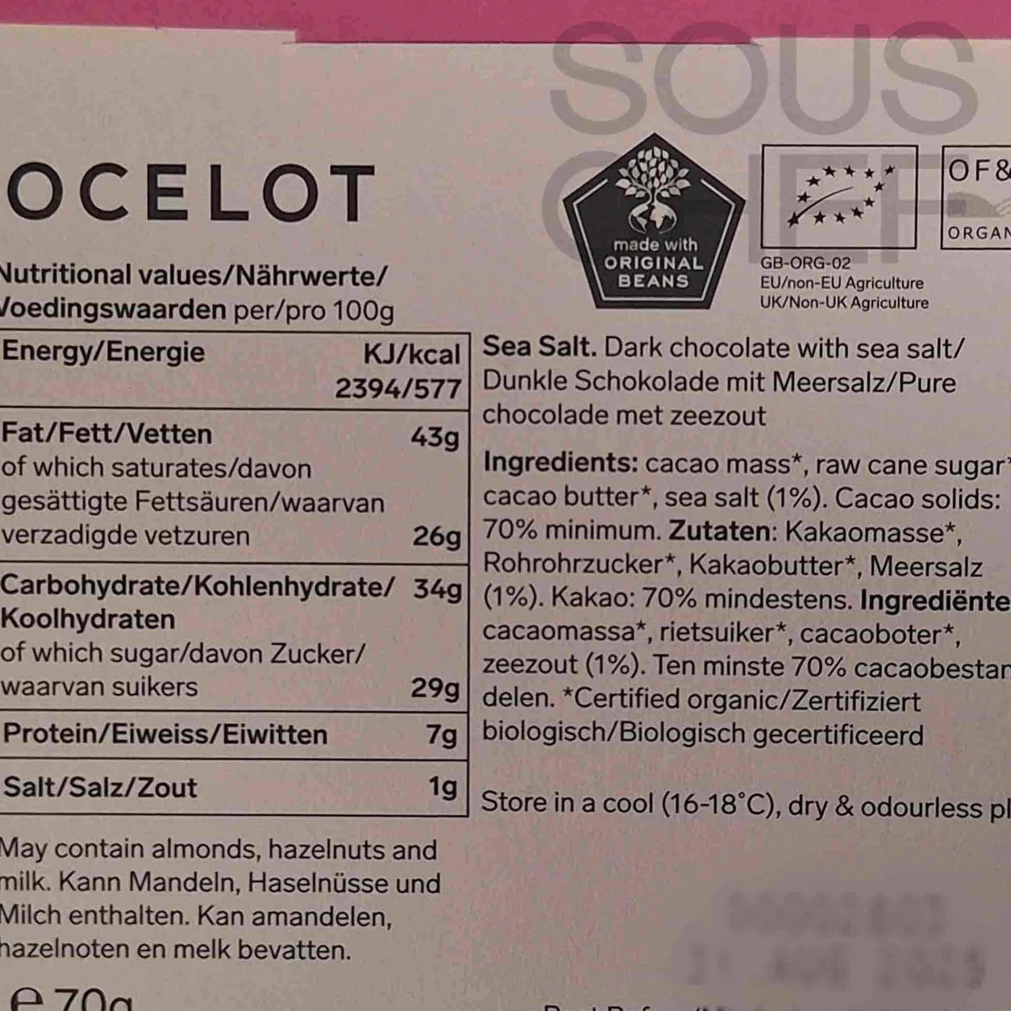 Ocelot Organic Dark Chocolate & Sea Salt Chocolate Bar, 70g New
