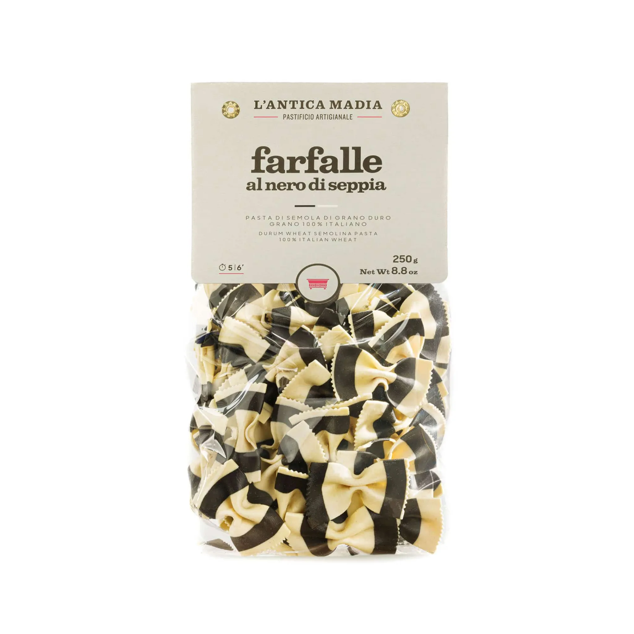L'Antica Madia Pasta L'Antica Striped Farfalle with Squid Ink, 250g Clearance
