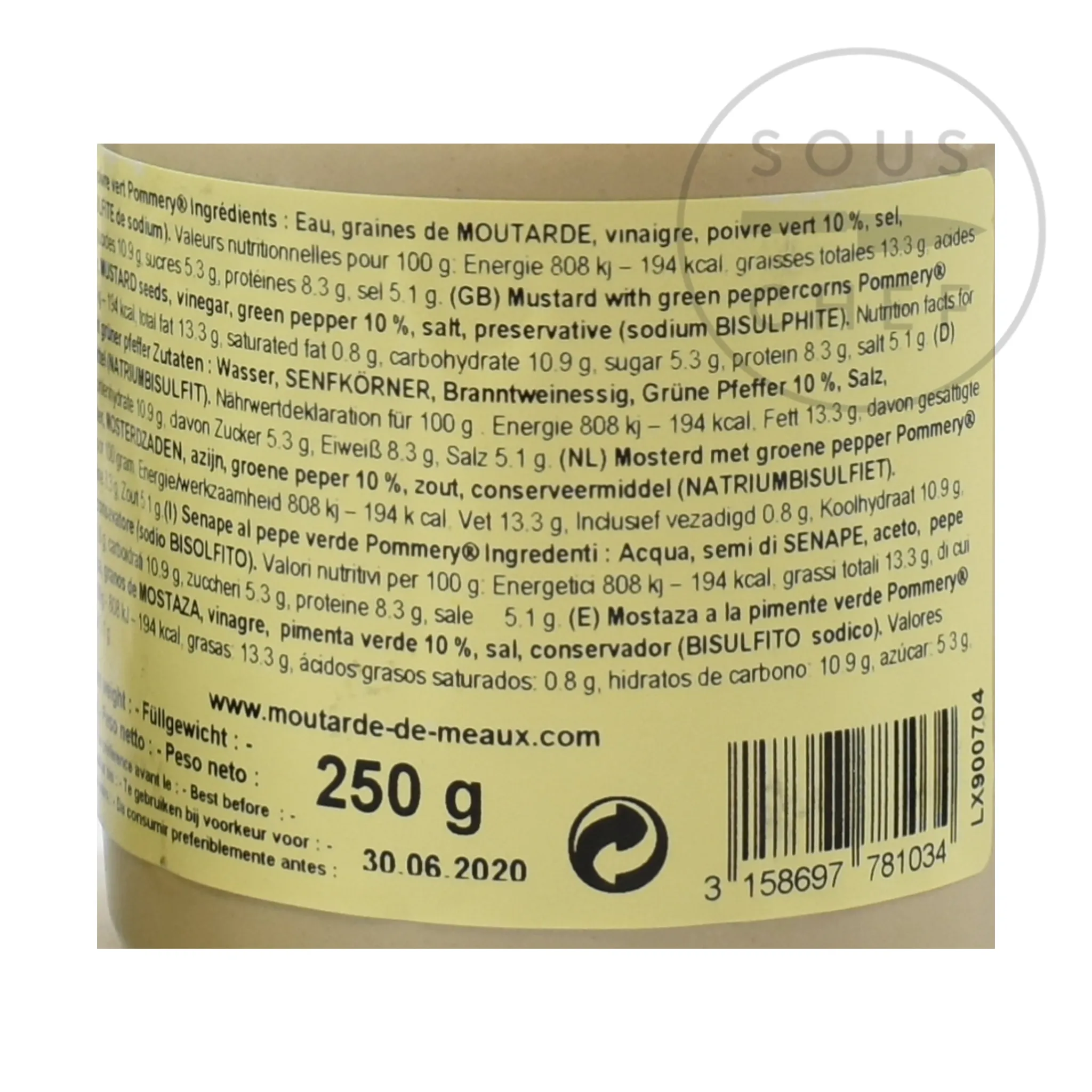 Pommery Green Peppercorn Mustard, 250g