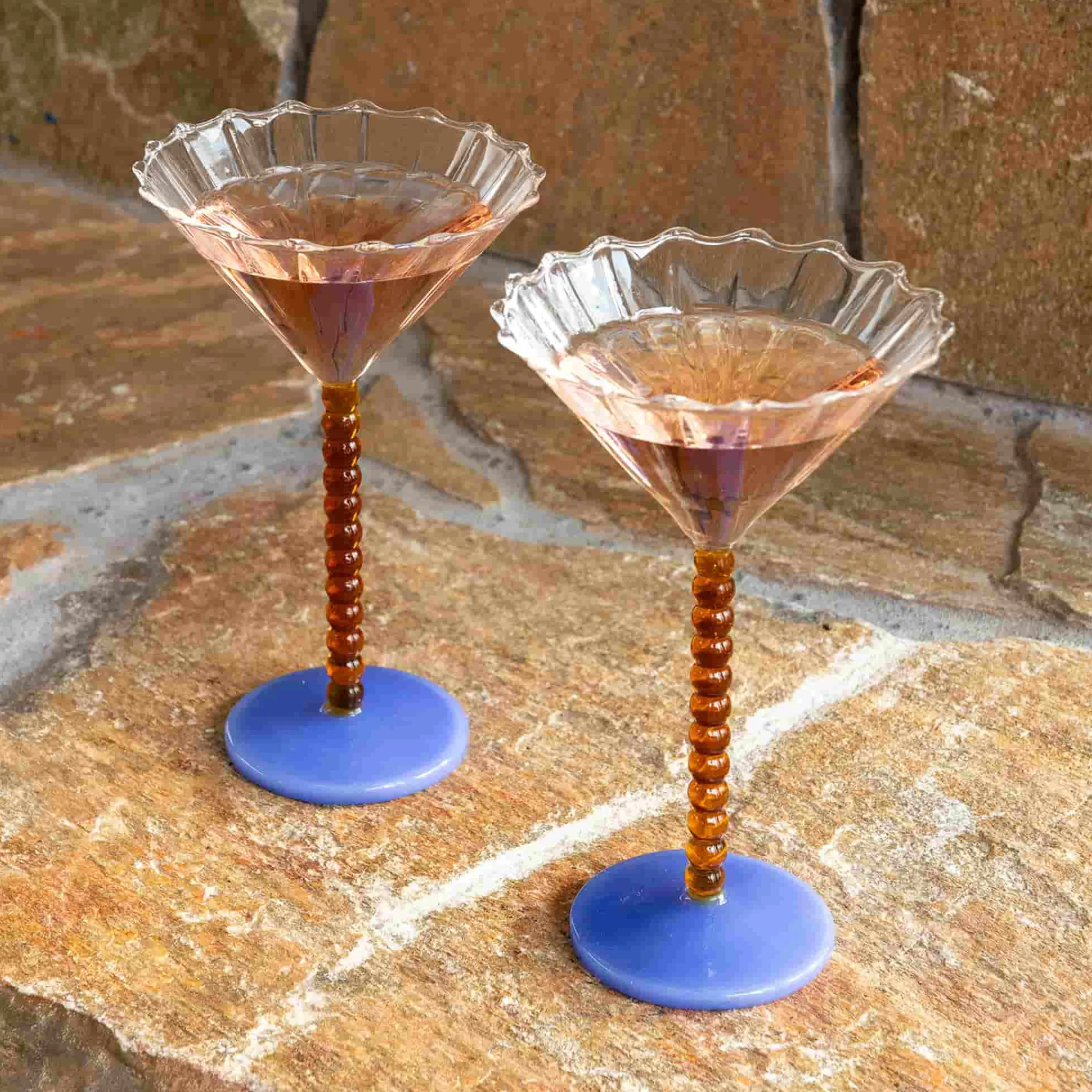 &Klevering Set of 2 Amber Bubble Stem Martini Glasses, 150ml