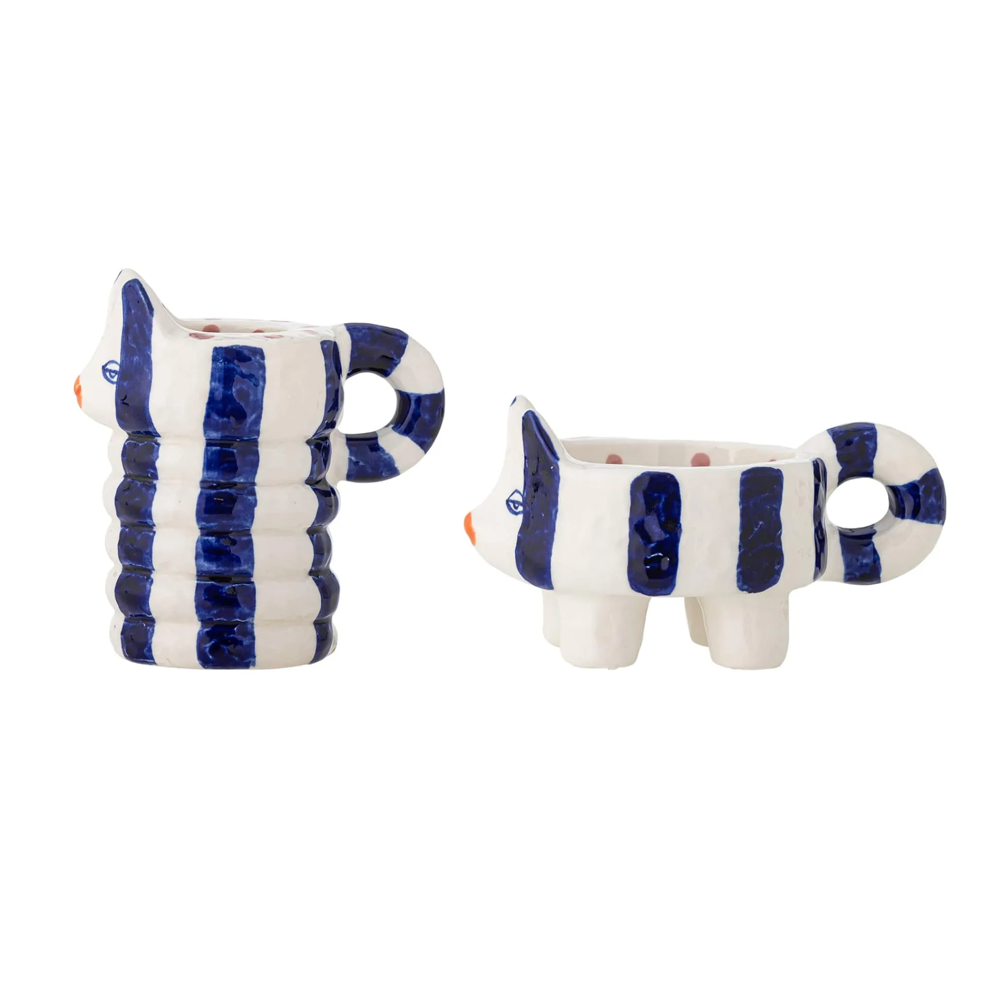 Bloomingville Set of 2 Blue Striped Cat Candle Holders Clearance