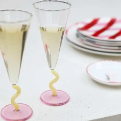 &Klevering Set of 2 Yellow Stem Champagne Flutes, 180ml New